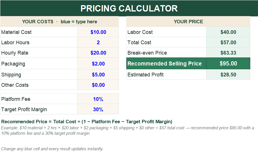 Pricing calculator screenshot