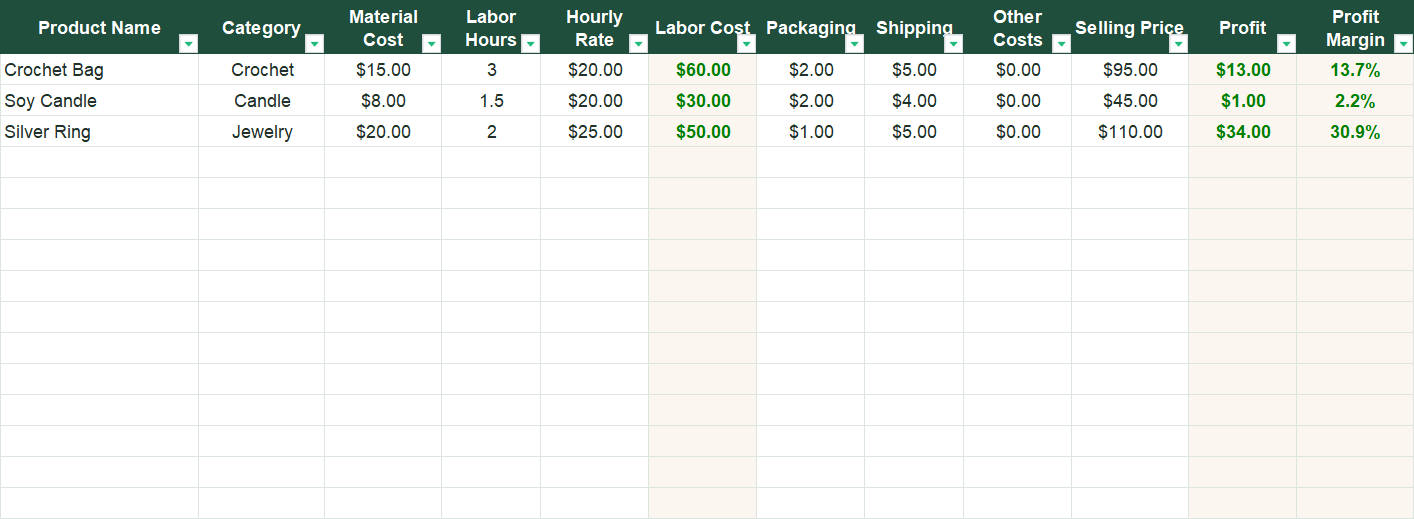 Product database screenshot